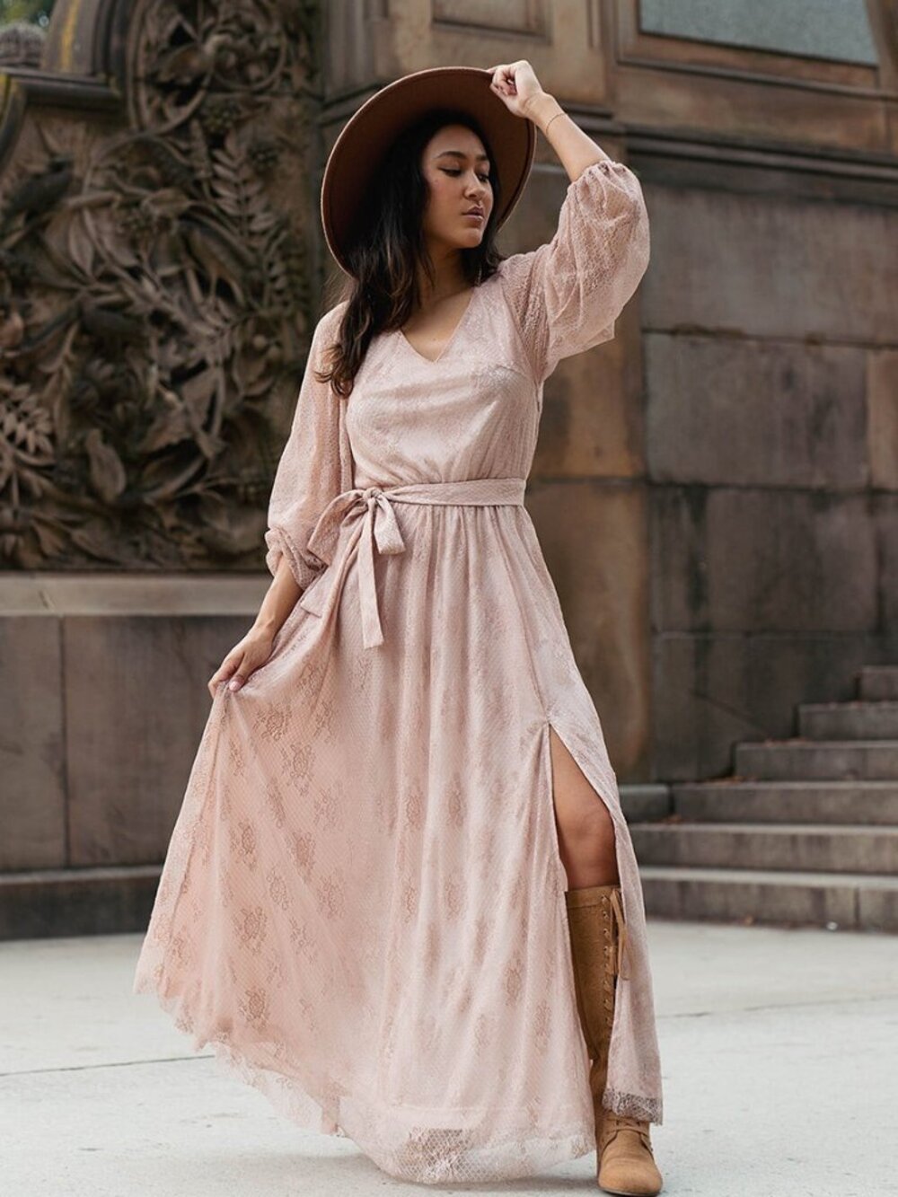 Joyfolie Haley Dress Nude Pink Large Womens Boho Lace Elegant Belted